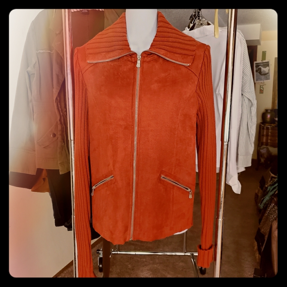 e studio rust faux suede & cotton zip sweater